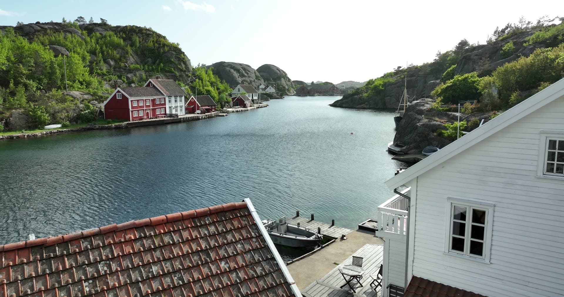 Waterfront view from residential terracotta-roofed house, Ny-Hellesund, Norway