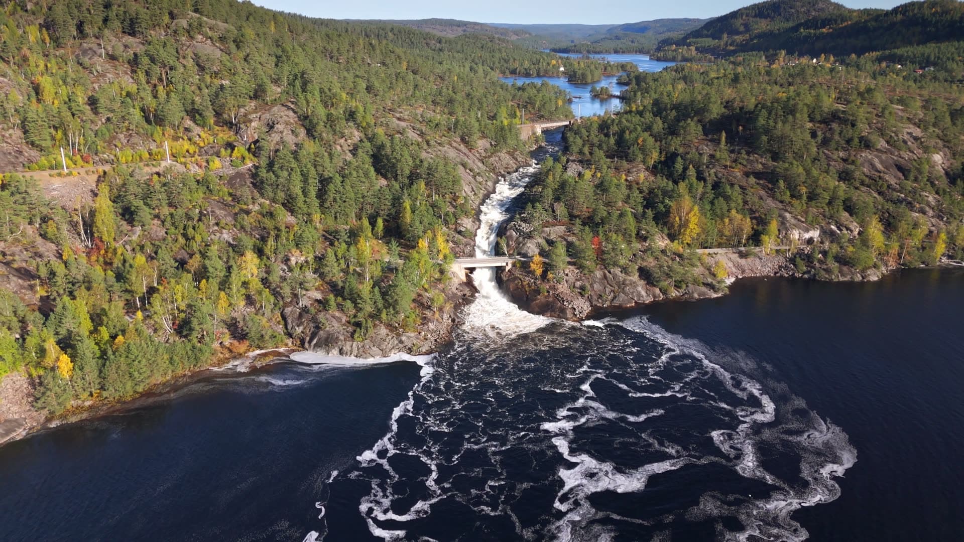 Dark water swirling around white rapids, Herefoss, Norway