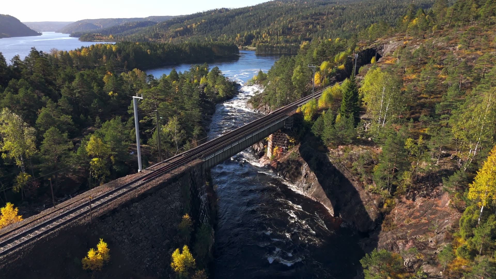 Railway bridge crossing autumn forest ravine, Herefoss, Norway