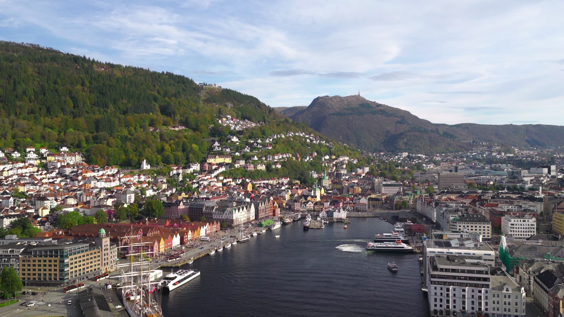 Historic wharf and harbor basin below forested slopes, Bryggen, Bergen, Norway