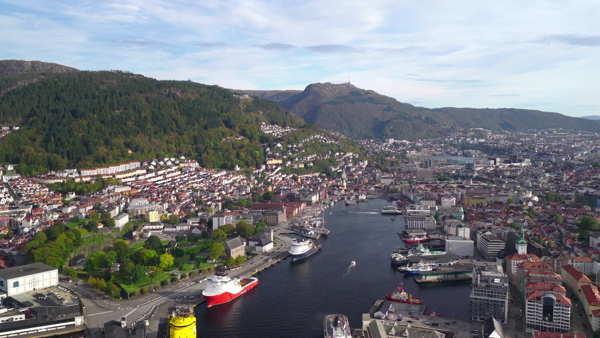 Industrial shipping vessels among passenger ferries, Bryggen, Bergen, Norway