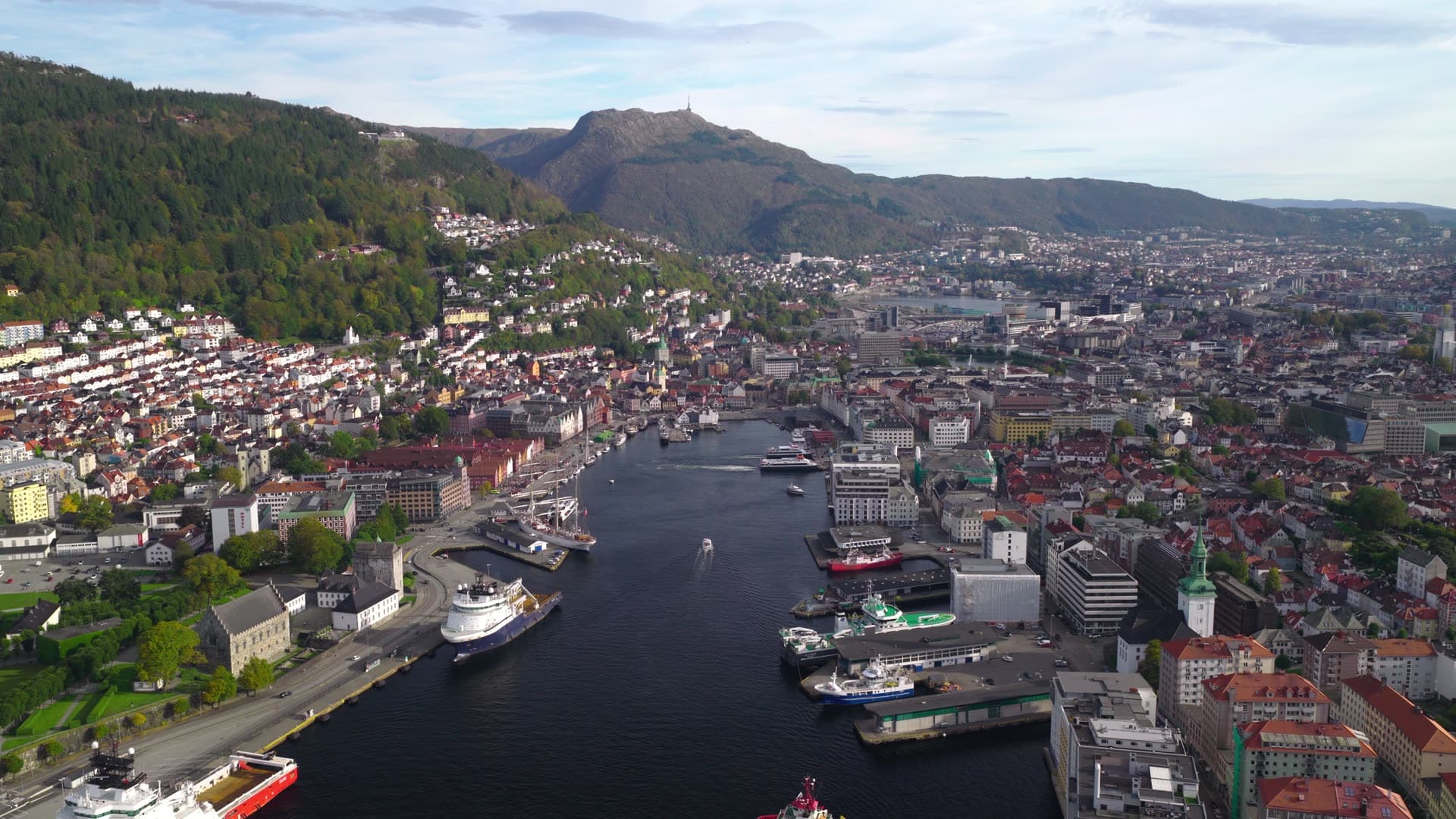 Multiple working ships in active harbor basin, Bryggen, Bergen, Norway