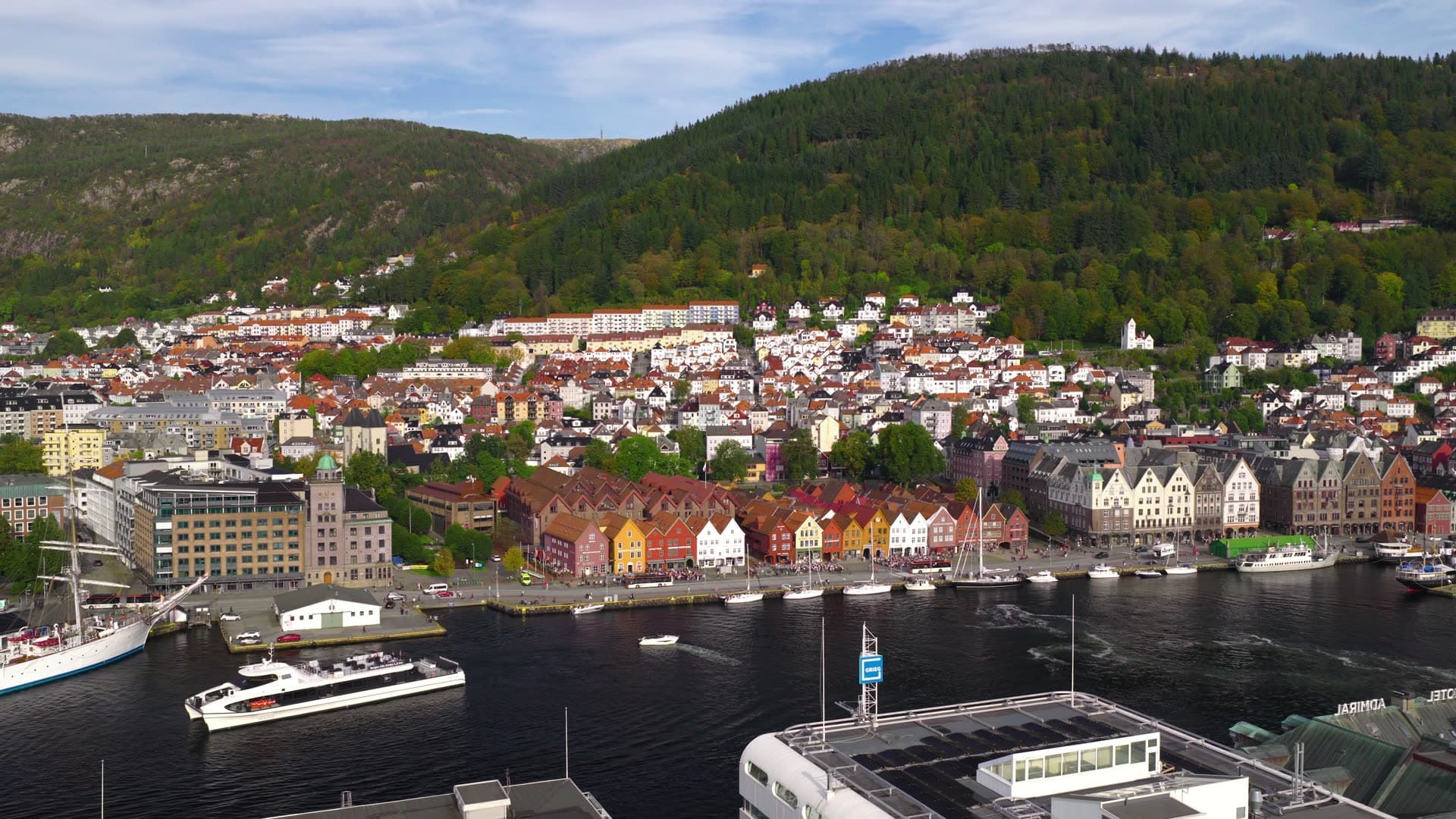 Wooden wharf facades and harbor ferries below forested hill, Bryggen, Bergen, Norway