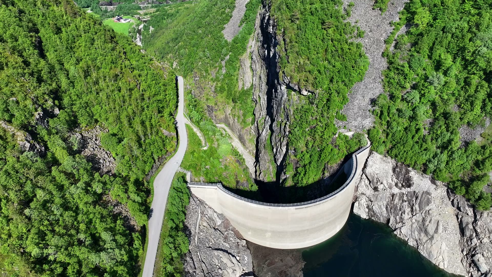 Overhead aerial view of Zakariasdammen and exposed reservoir banks