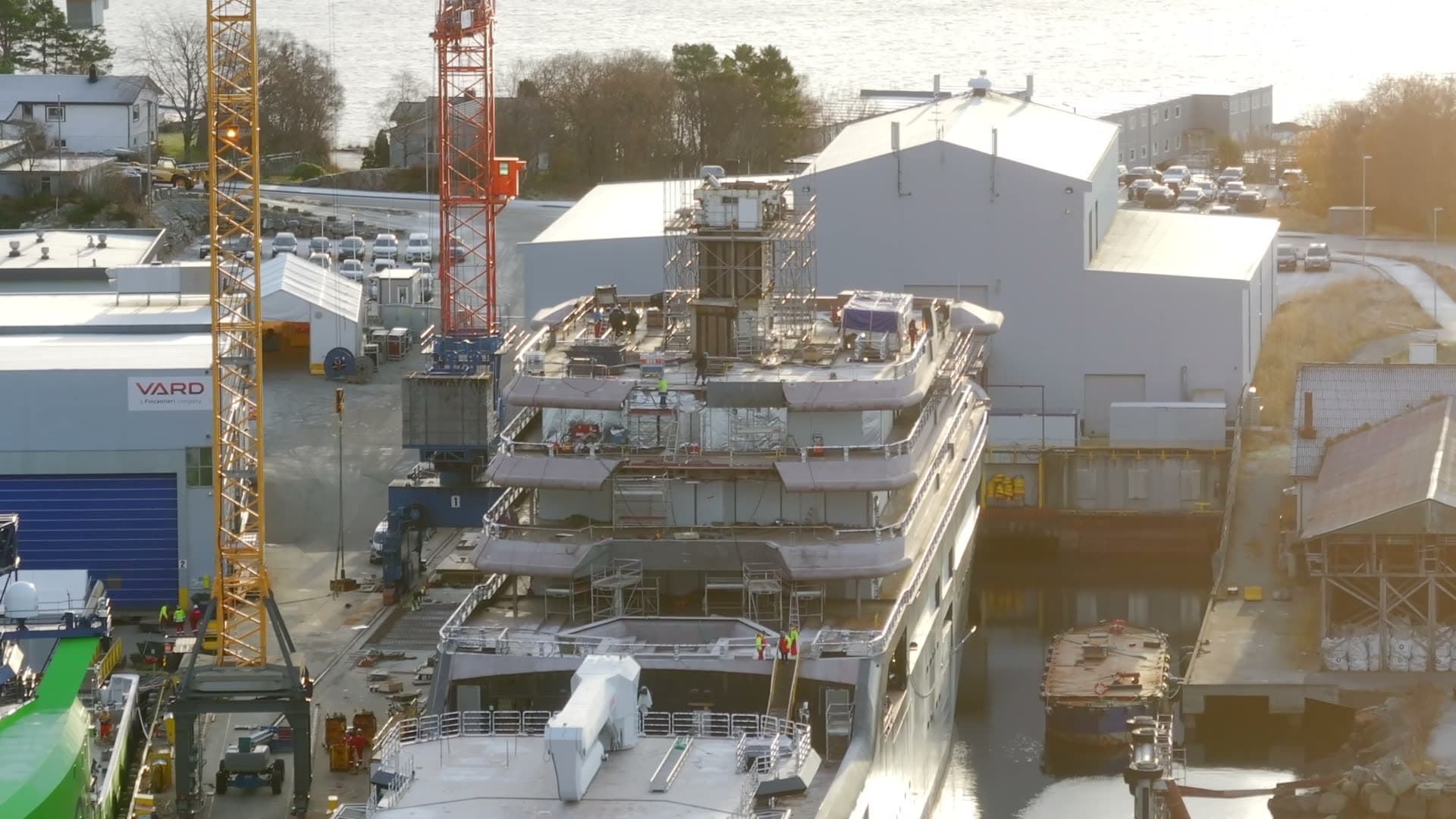 Superstructure and upper decks of REV Ocean in low sunlight