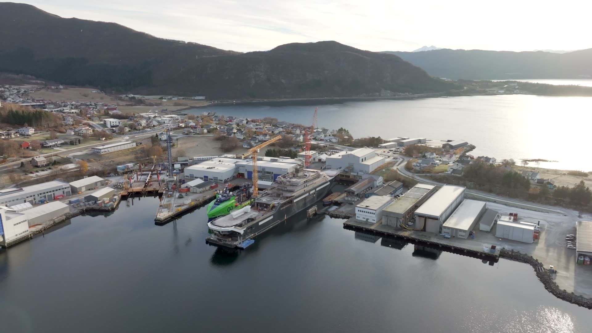 Wide retreating aerial view of REV Ocean and Vard Søviknes