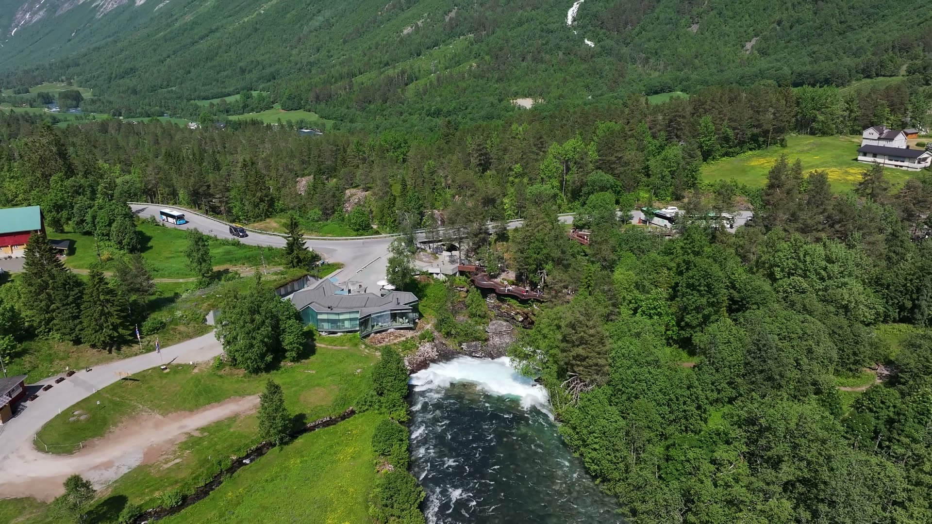 Aerial view of Valldøla rapids beside Gudbrandsjuvet cafe