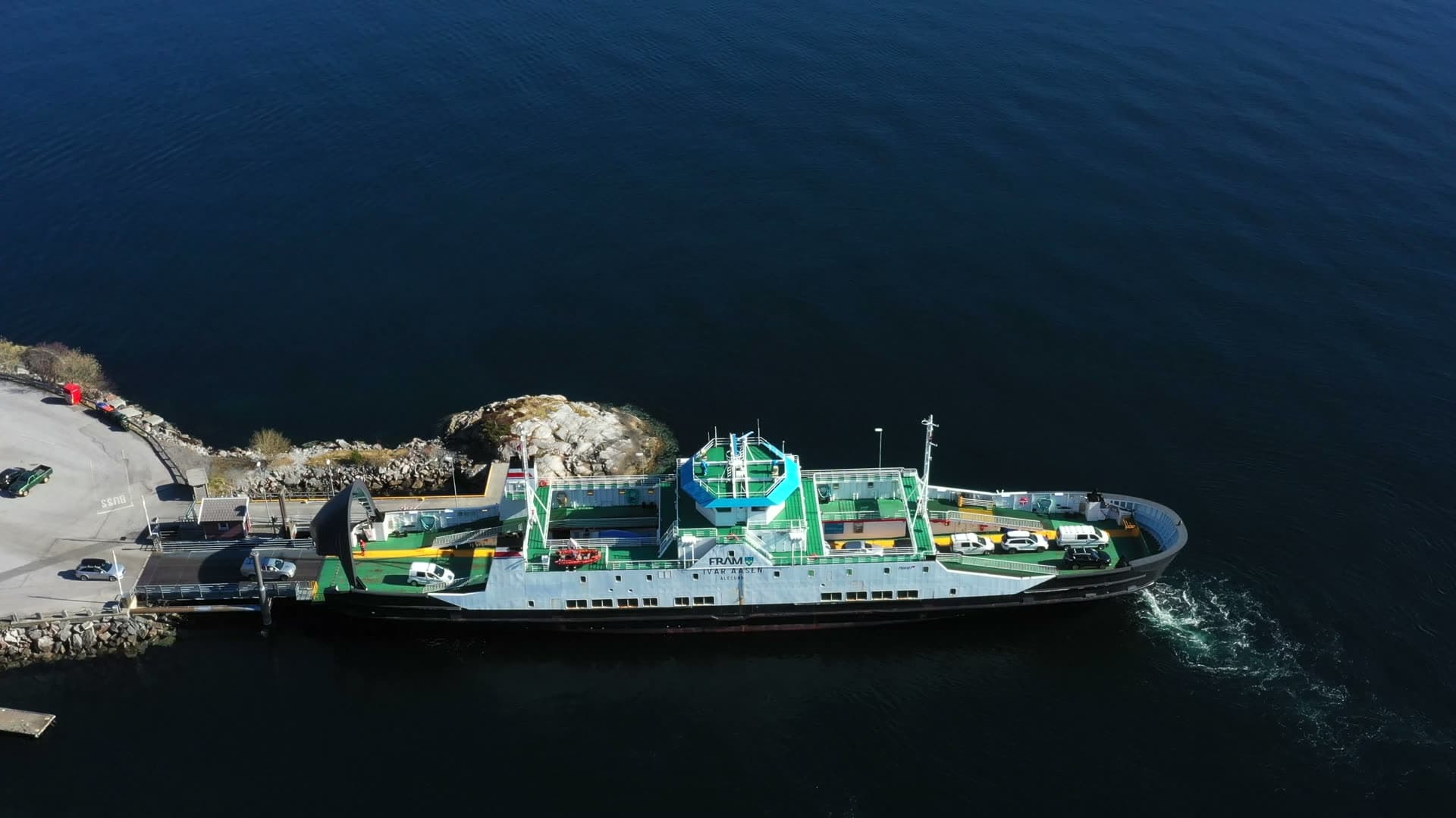 Overhead view of a car ferry leaving Solholmen terminal