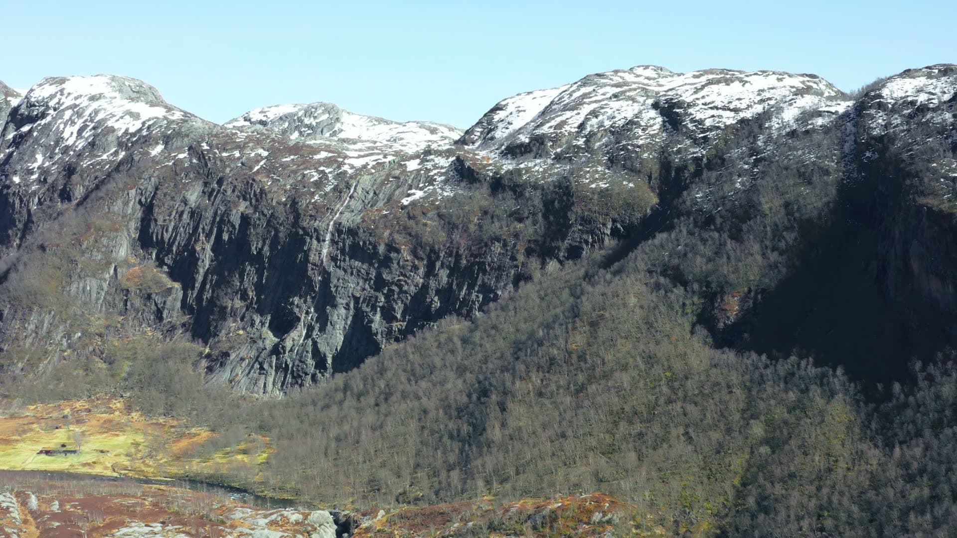 Mountain valley with columnar cliff formations, Månafossen