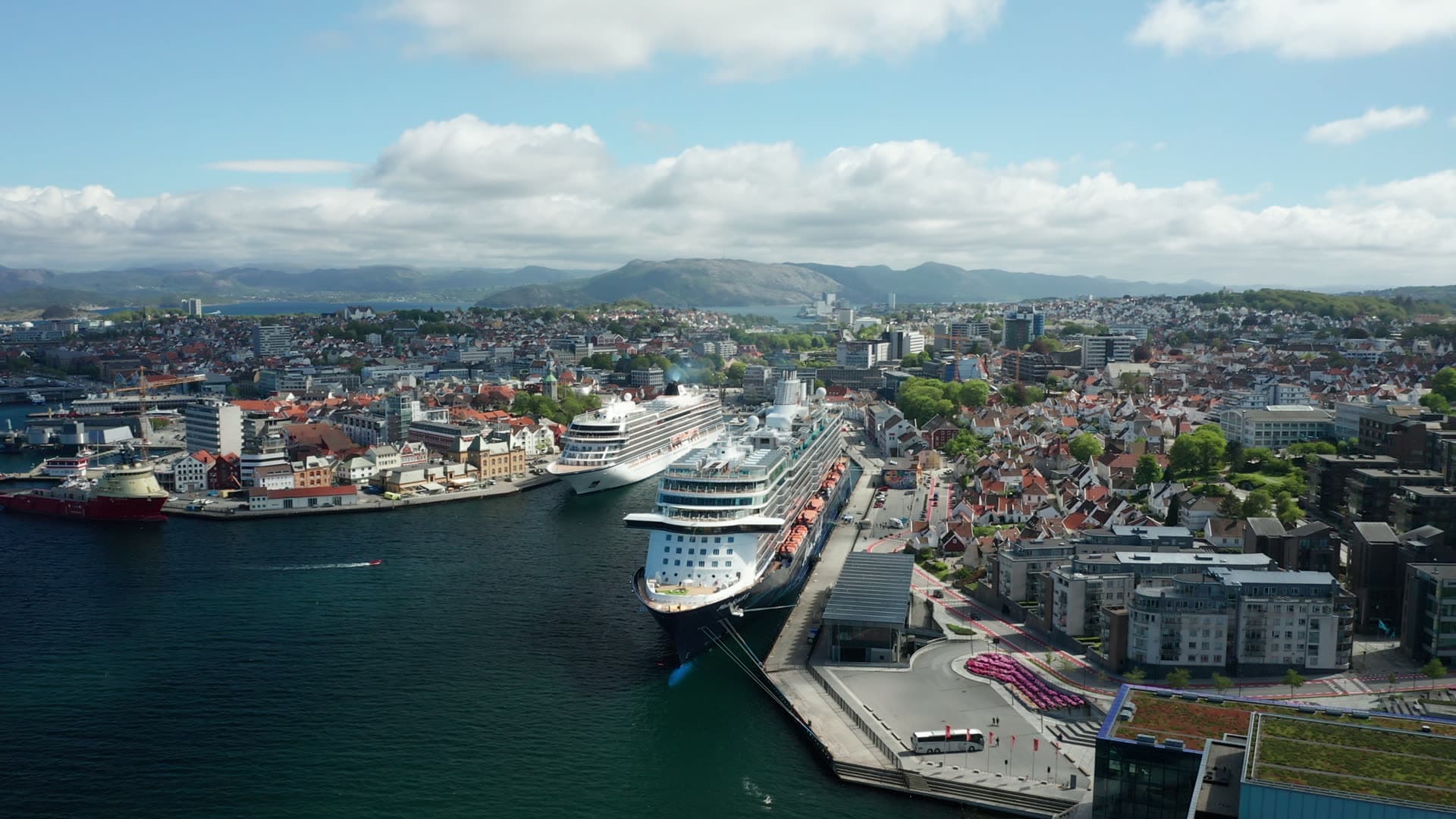 Cruise ship docked at harbor terminal, Stavanger