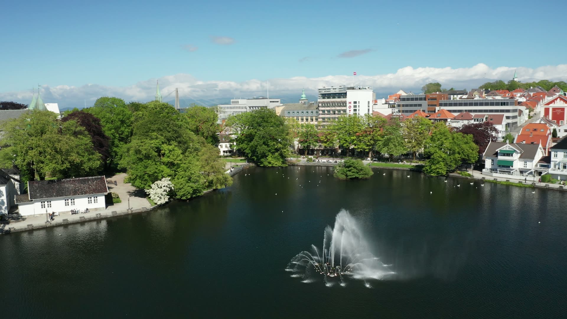 Ornamental fountain in urban lake, Stavanger