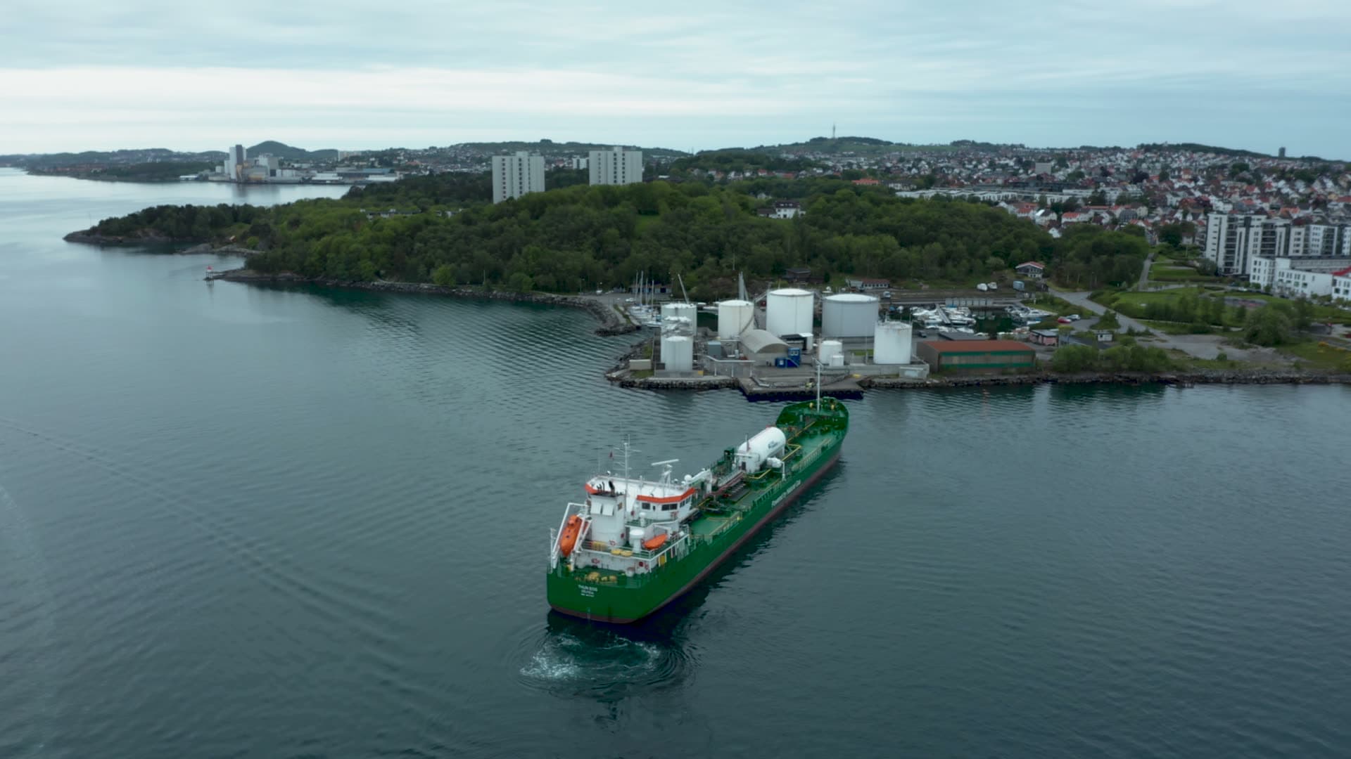 Tanker ship approaching industrial harbor, Stavanger
