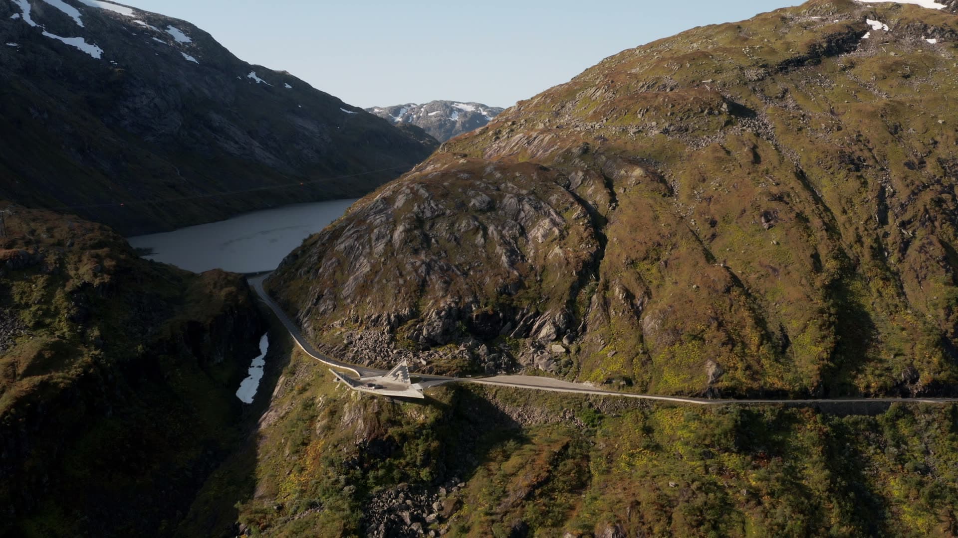 Mountain hairpin road with alpine valley, Oldevatnet