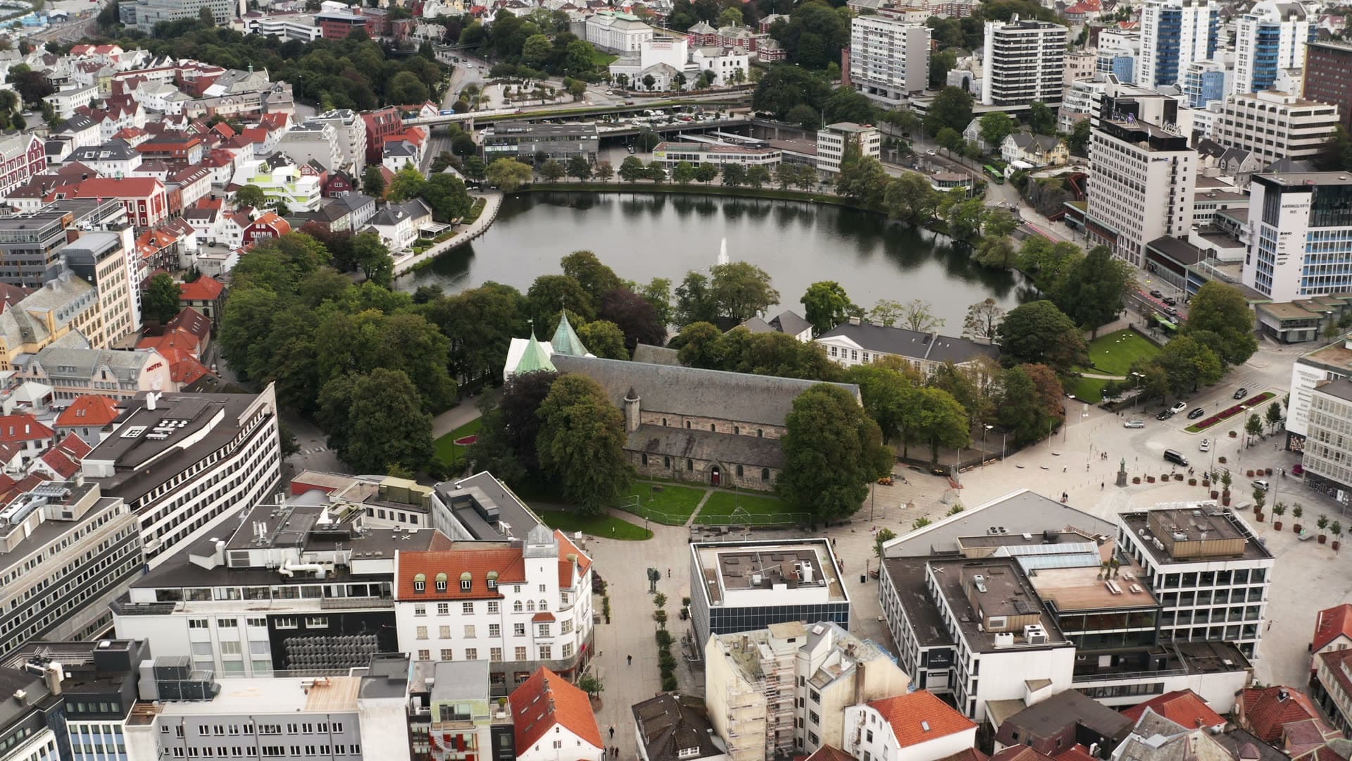 Medieval church and modern chapel courtyard, Stavanger