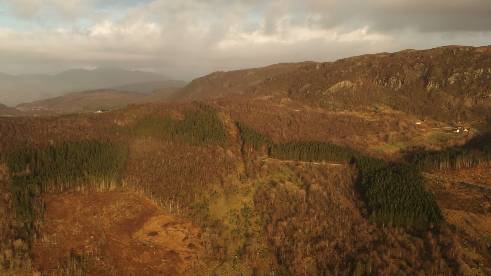 Forested mountain valley with clearings, Hetlandsvatnet