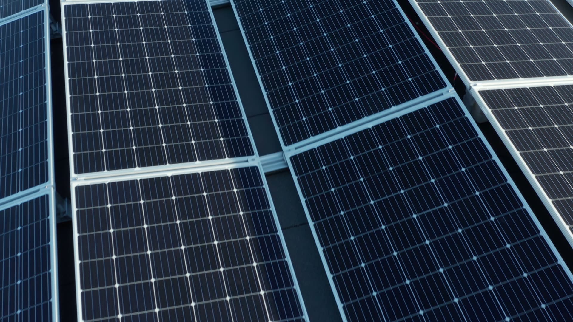 Solar panel farm aerial view, Forus