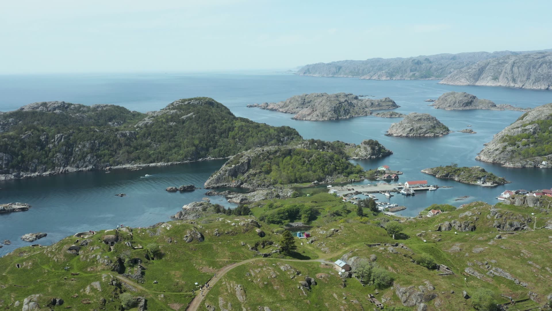 Norwegian fjord island village and rocky archipelago, Hågåsen kystbatteri