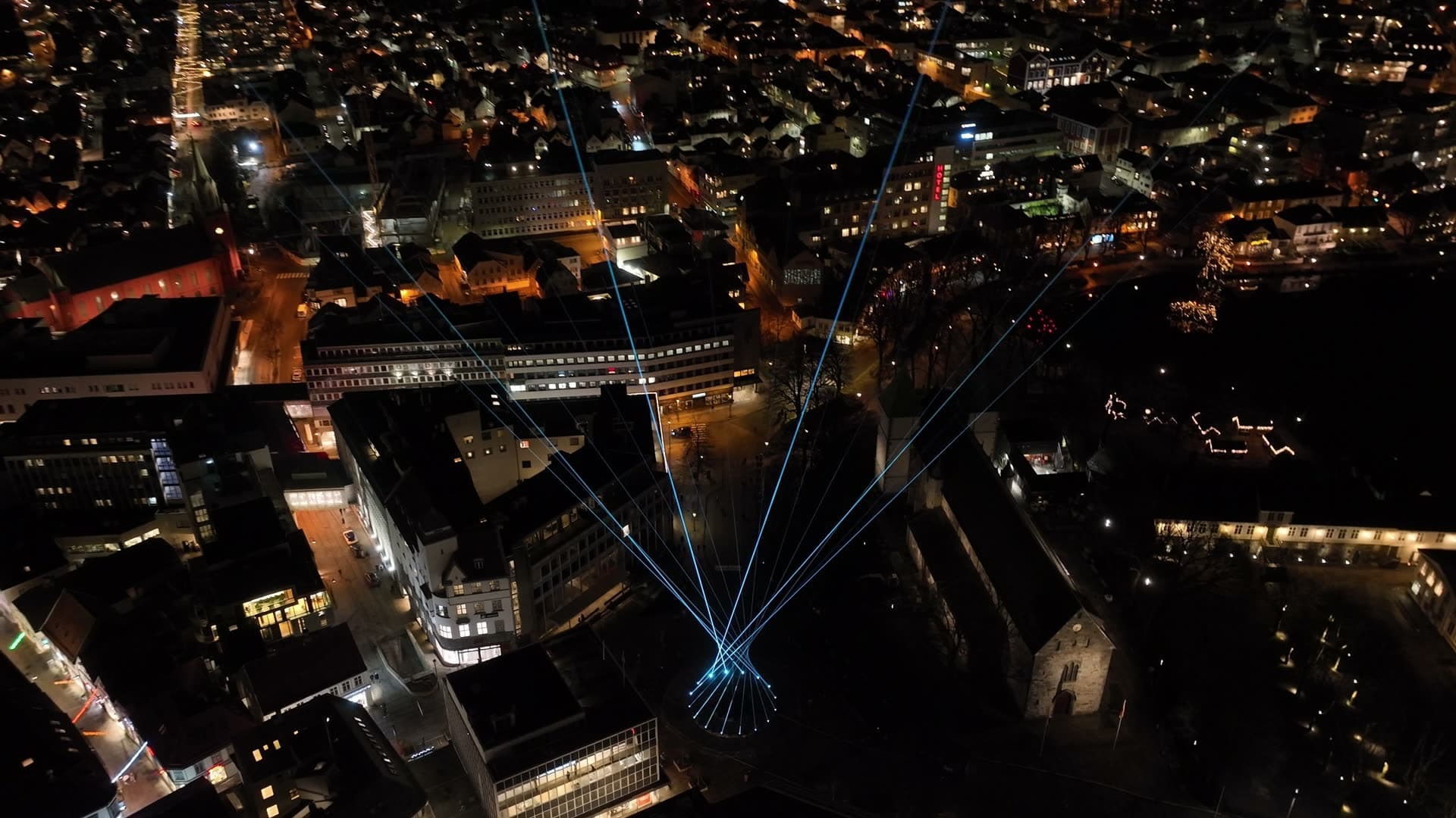 Blue light beam cityscape at night, Stavanger, Glød
