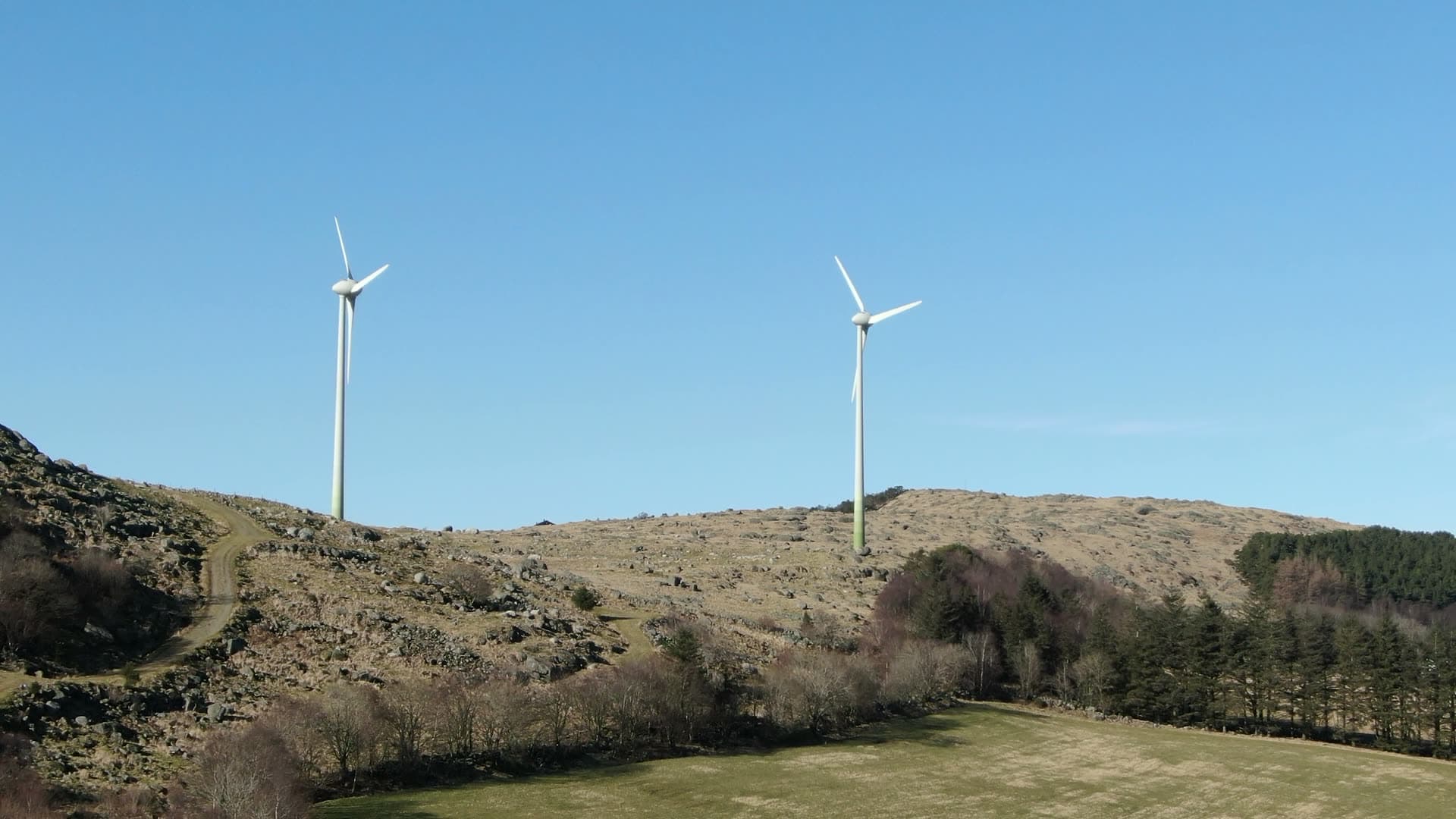 Wind turbines on moorland hillsides, Rogaland