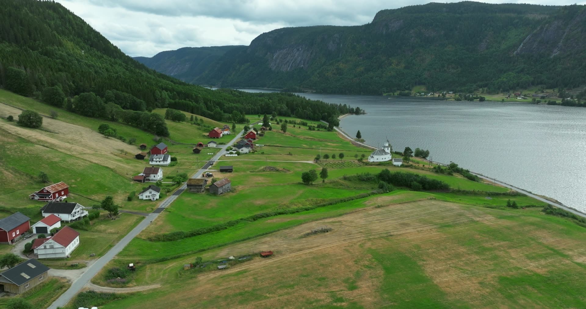 Scattered farmhouses across divided hayfields and pasture, Åraksbø, Bygland, Norway