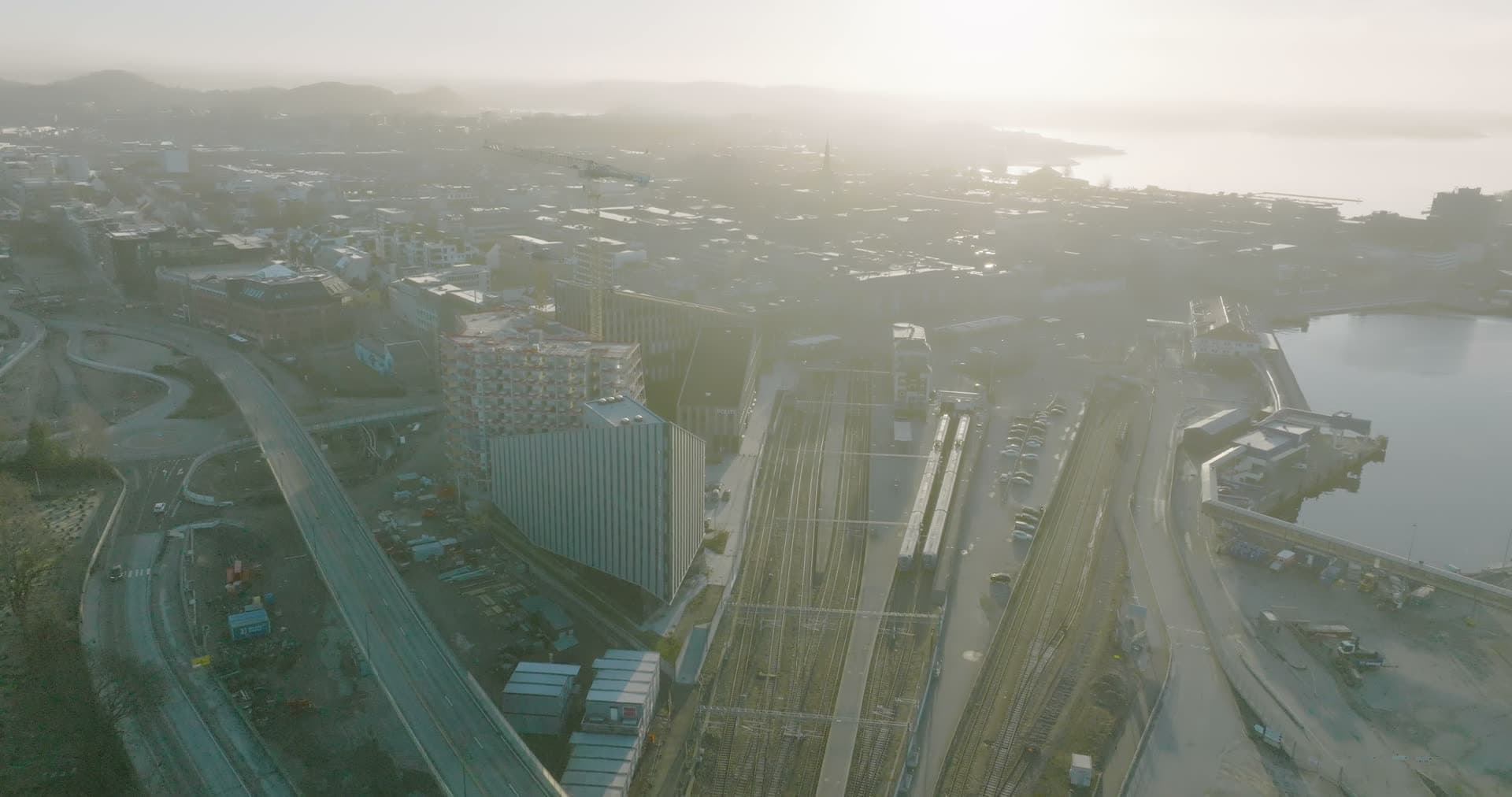 Rail yard and parking lots in heavy fog, Kristiansand, Norway