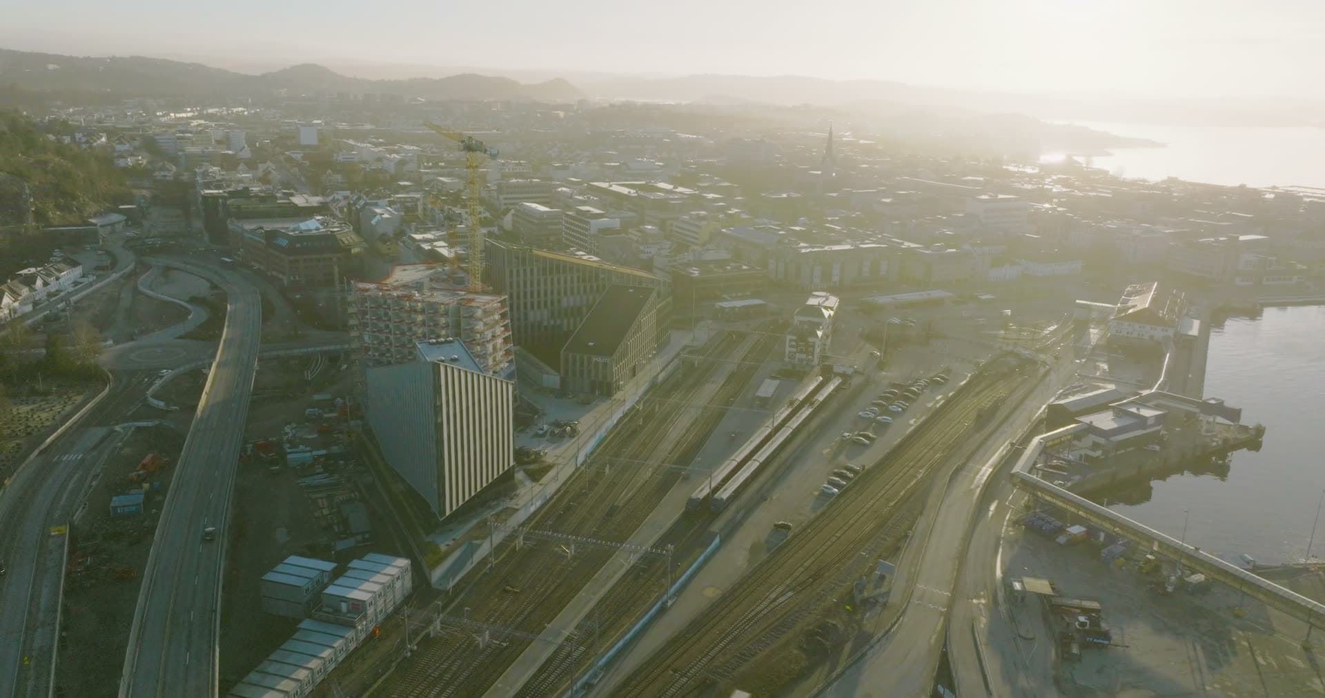 Rail yard and industrial tracks in morning haze, Kristiansand, Norway