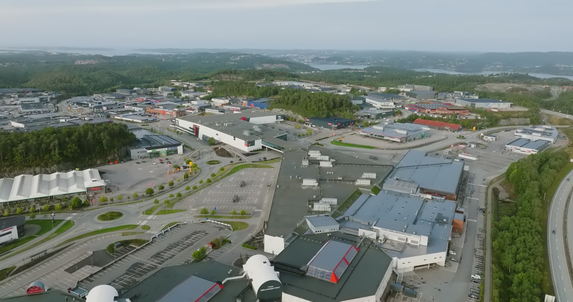 Commercial district viewed from elevated perspective, Sørlandsparken, Kristiansand, Norway