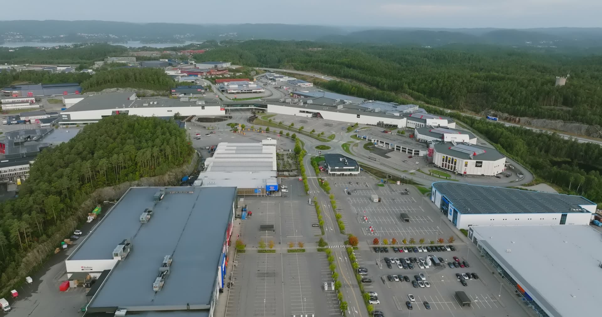 Wide overhead view of multi-building retail district, Sørlandsparken, Kristiansand, Norway