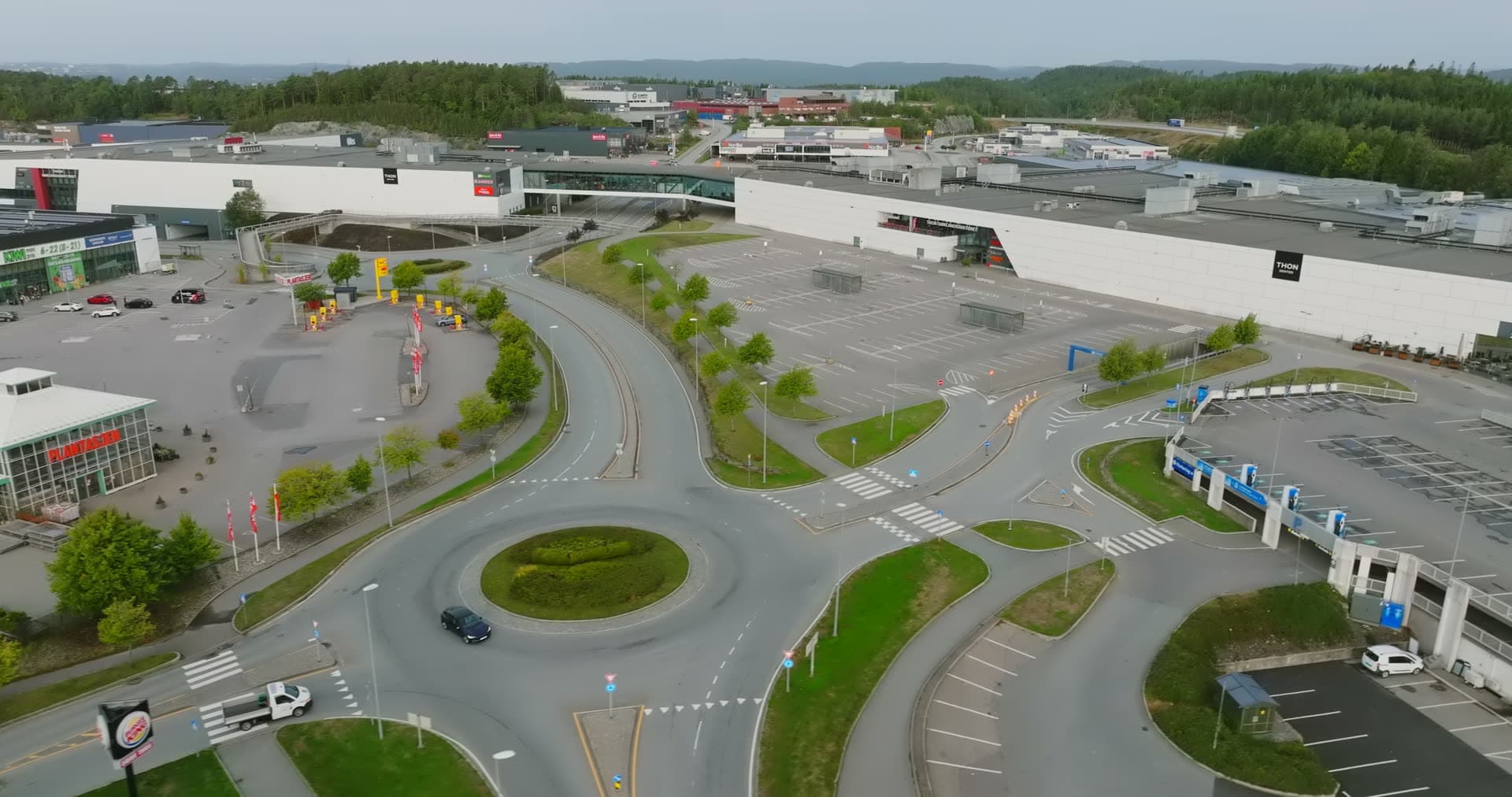 Roundabout intersection with manicured green islands, Sørlandsparken, Kristiansand, Norway